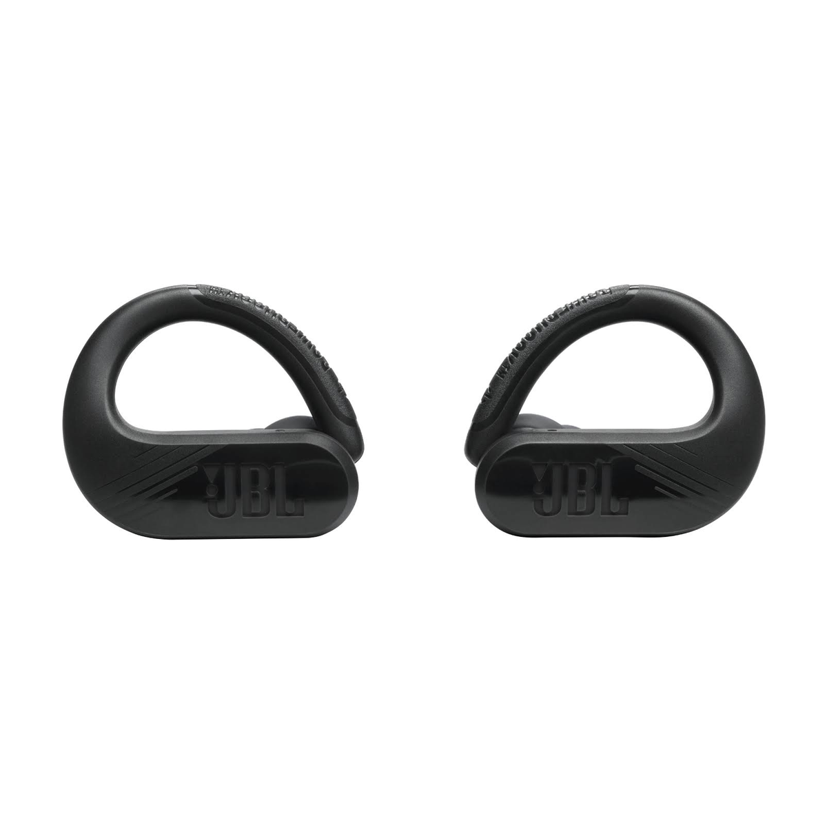 Auricolari JBL neri con ganci per le orecchie. Sfondo bianco.
