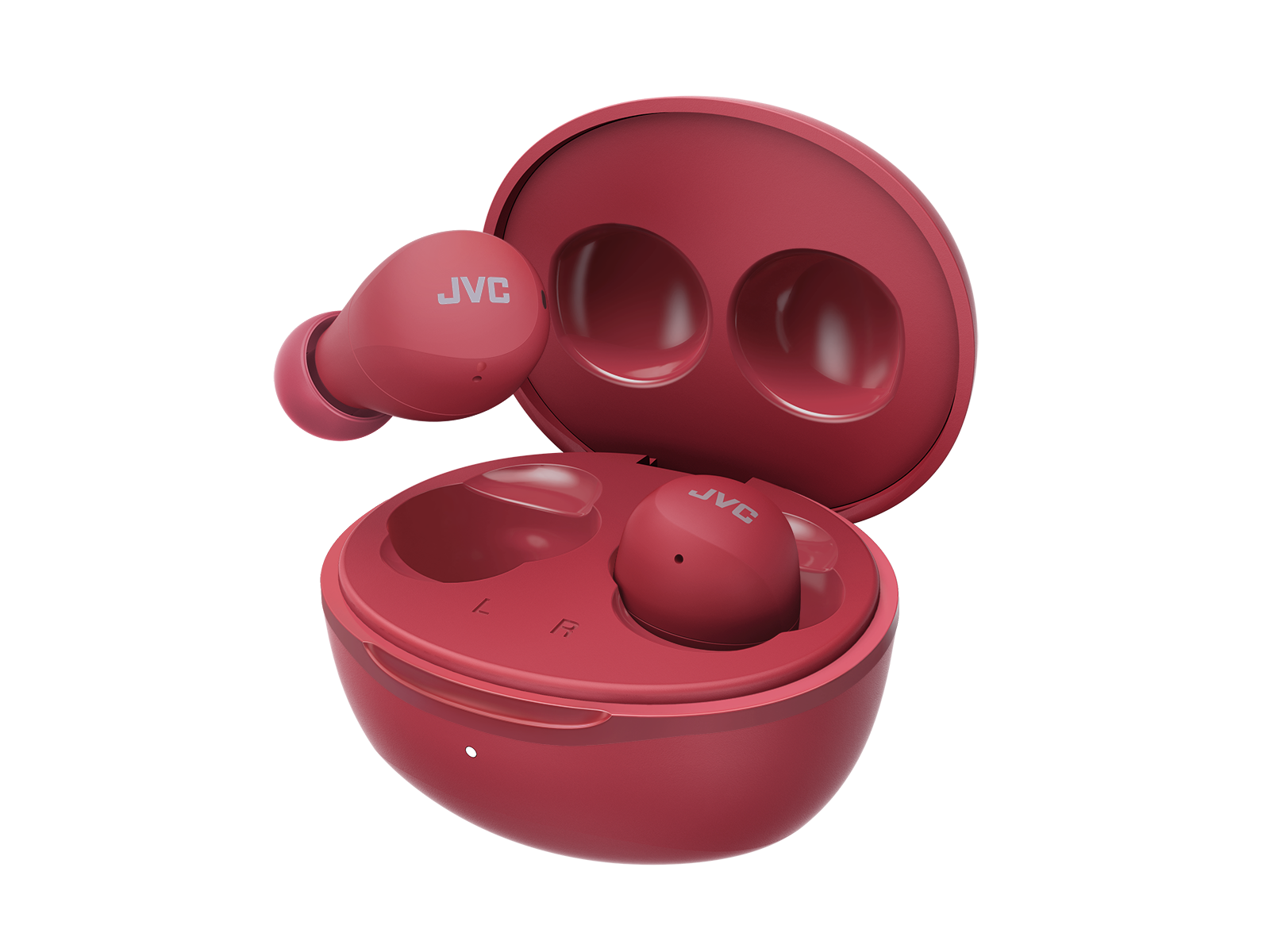 Czerwone słuchawki douszne i etui ładujące. Etui jest otwarte, widać słuchawki.