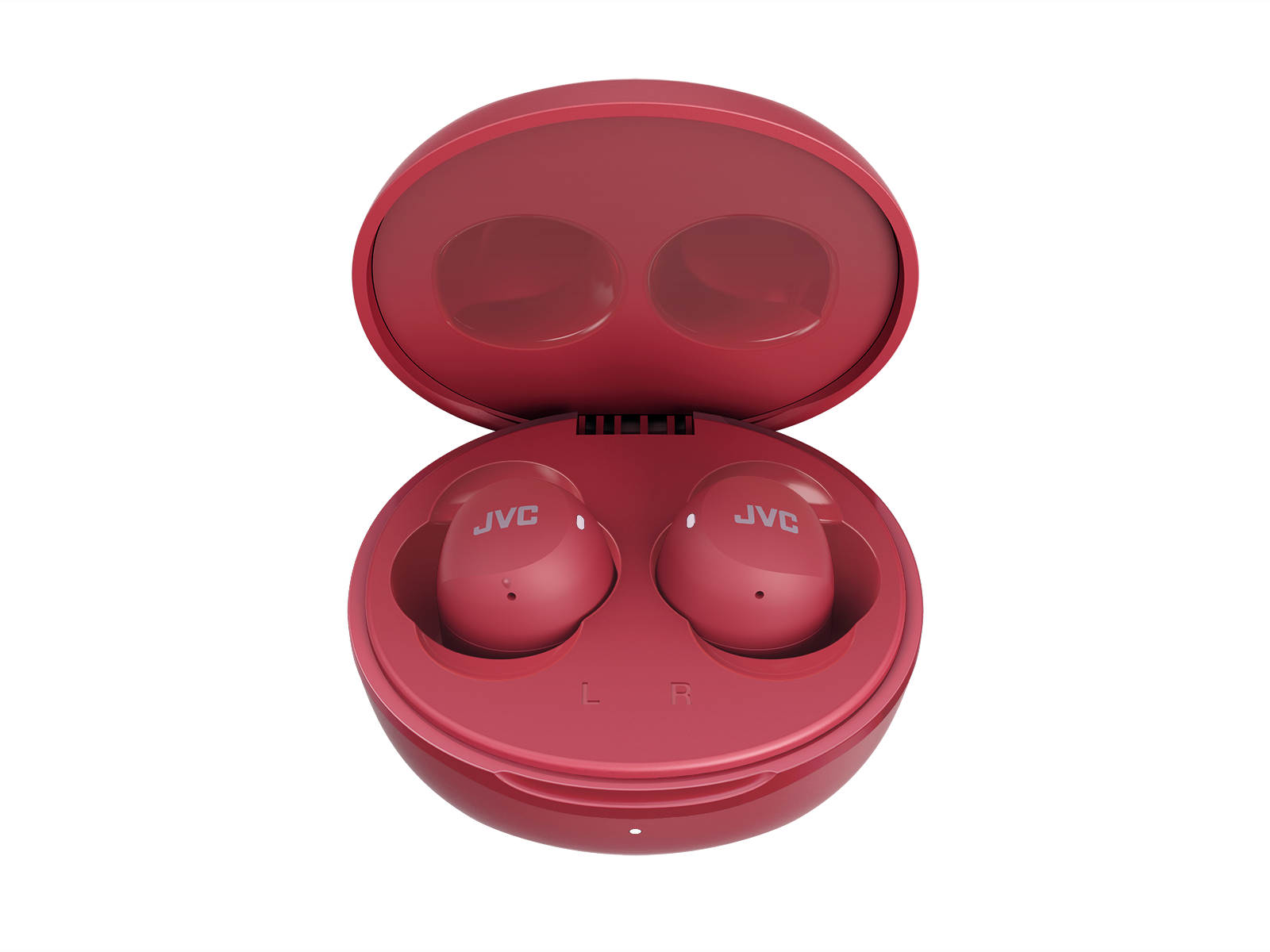 Czerwone etui z czerwonymi słuchawkami w środku.