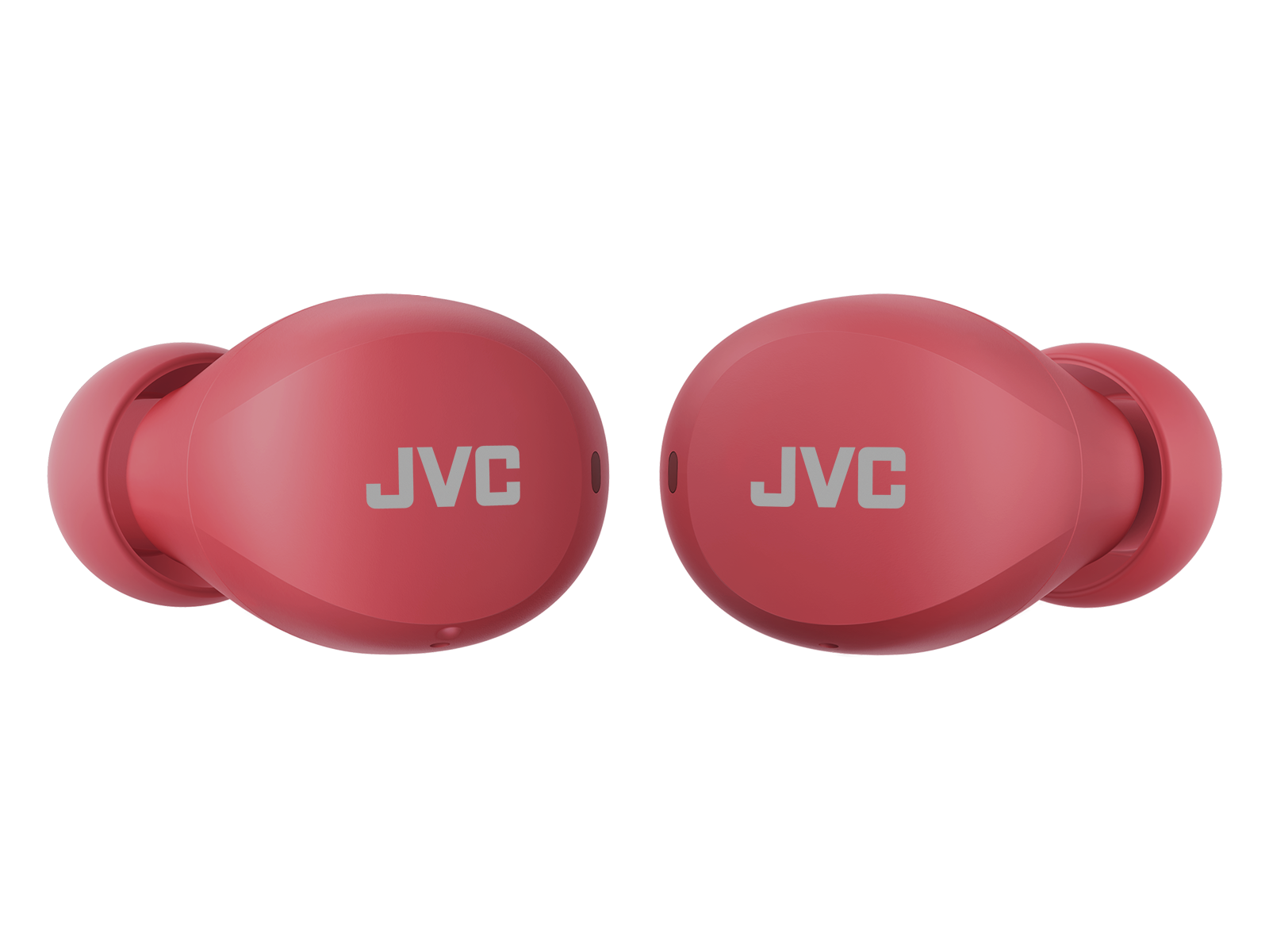 Dwa czerwone słuchawki JVC. Tekst JVC jest biały na każdej słuchawce. Są na ciemnym tle.
