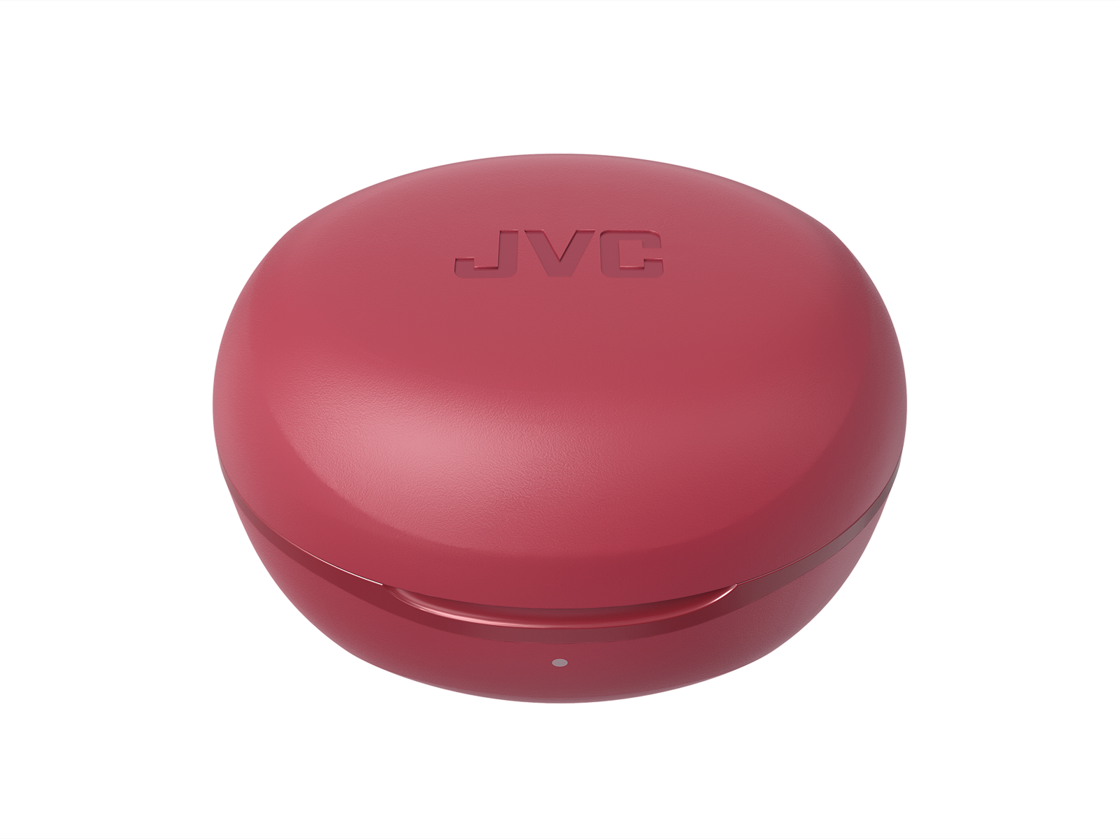 Czerwone etui na słuchawki JVC, owalny kształt, logo JVC, białe światło, różowe tło.