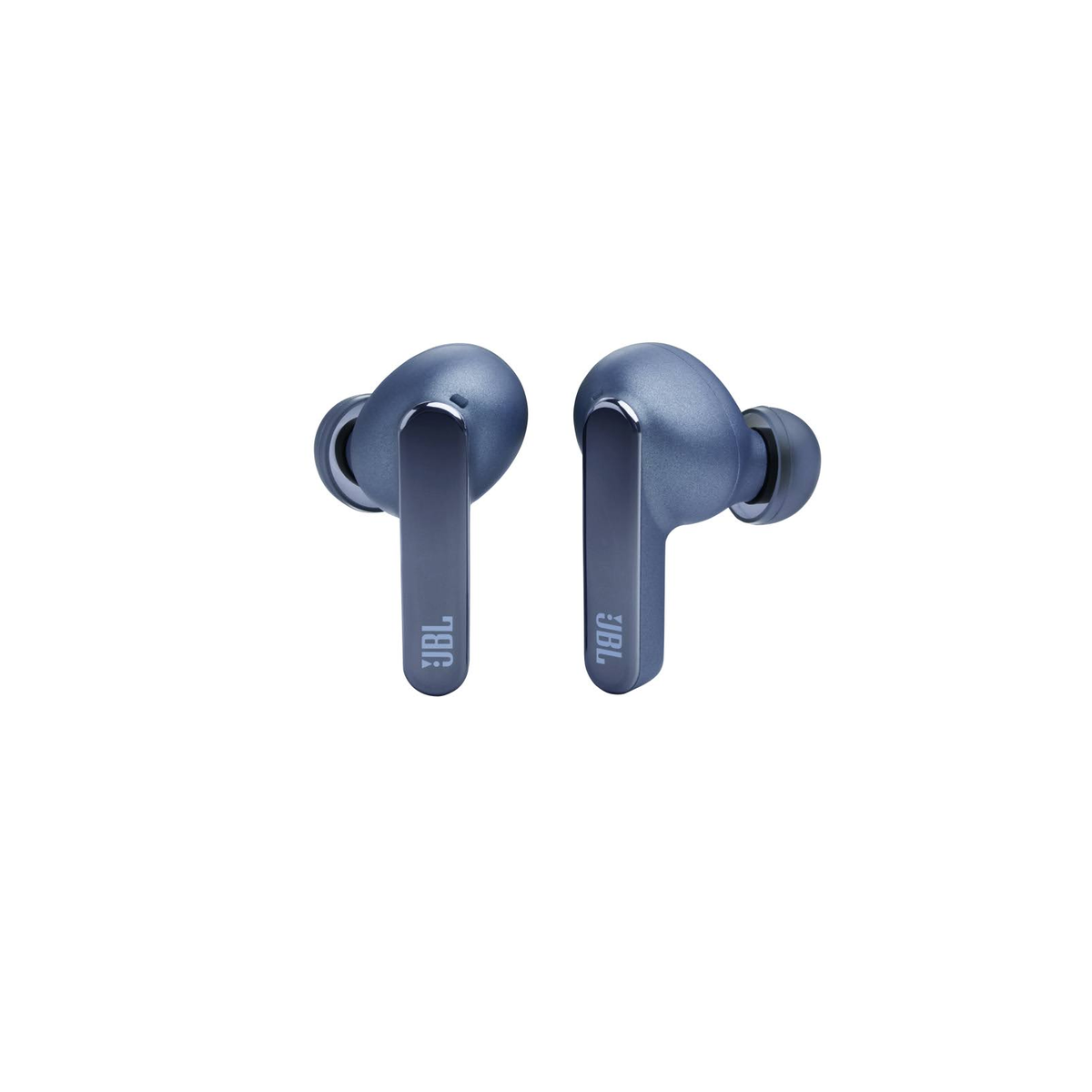 Due auricolari JBL blu, isolati su sfondo bianco.