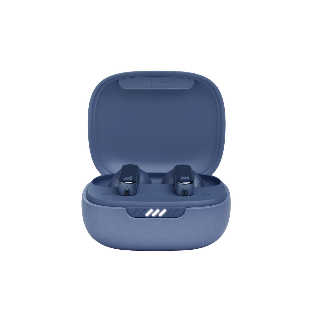 Auricolari JBL Live Pro 2 blu nella loro custodia. La custodia è aperta. Sfondo bianco.