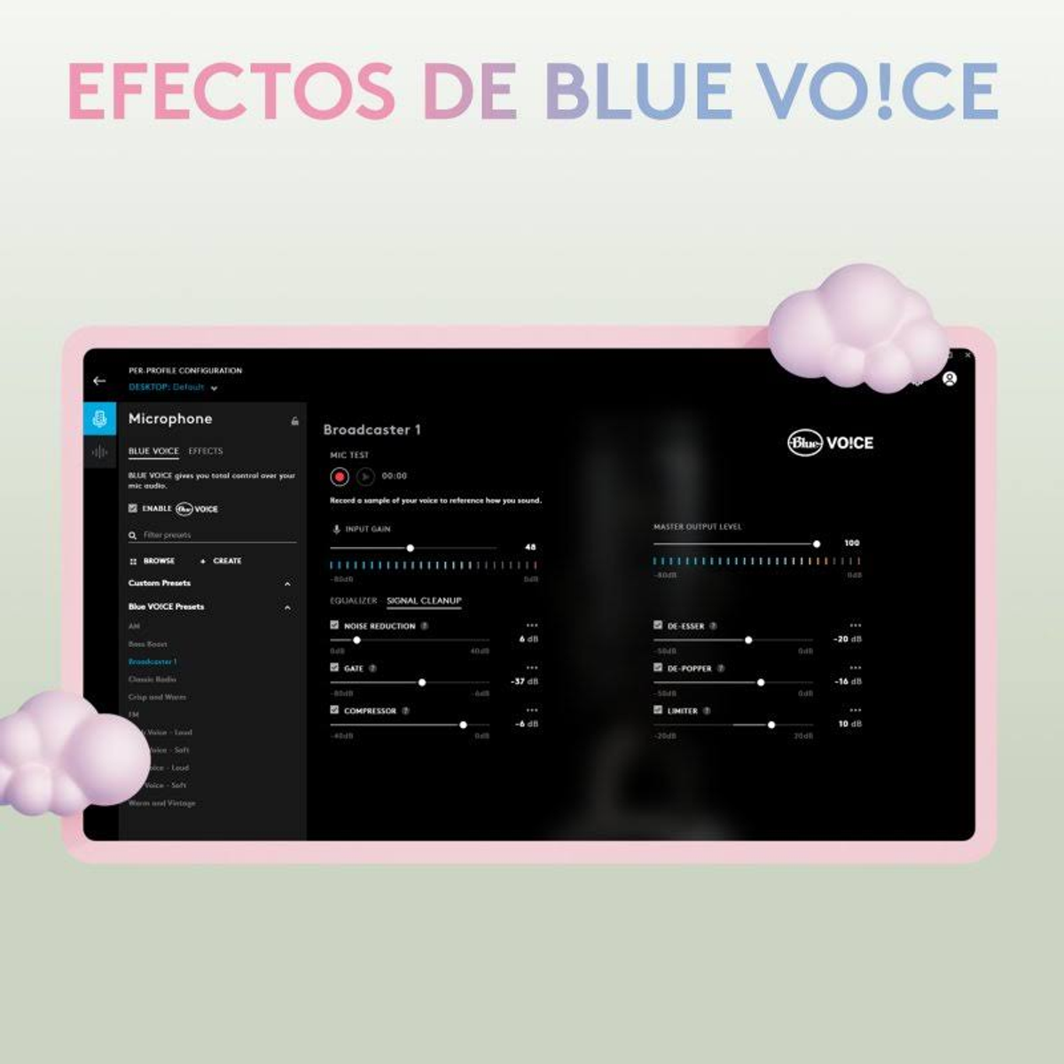 Software-Oberfläche mit rosa Wolken. Blue Voice-Effekte. Text und Schieberegler sind sichtbar. Rosa Hintergrund.