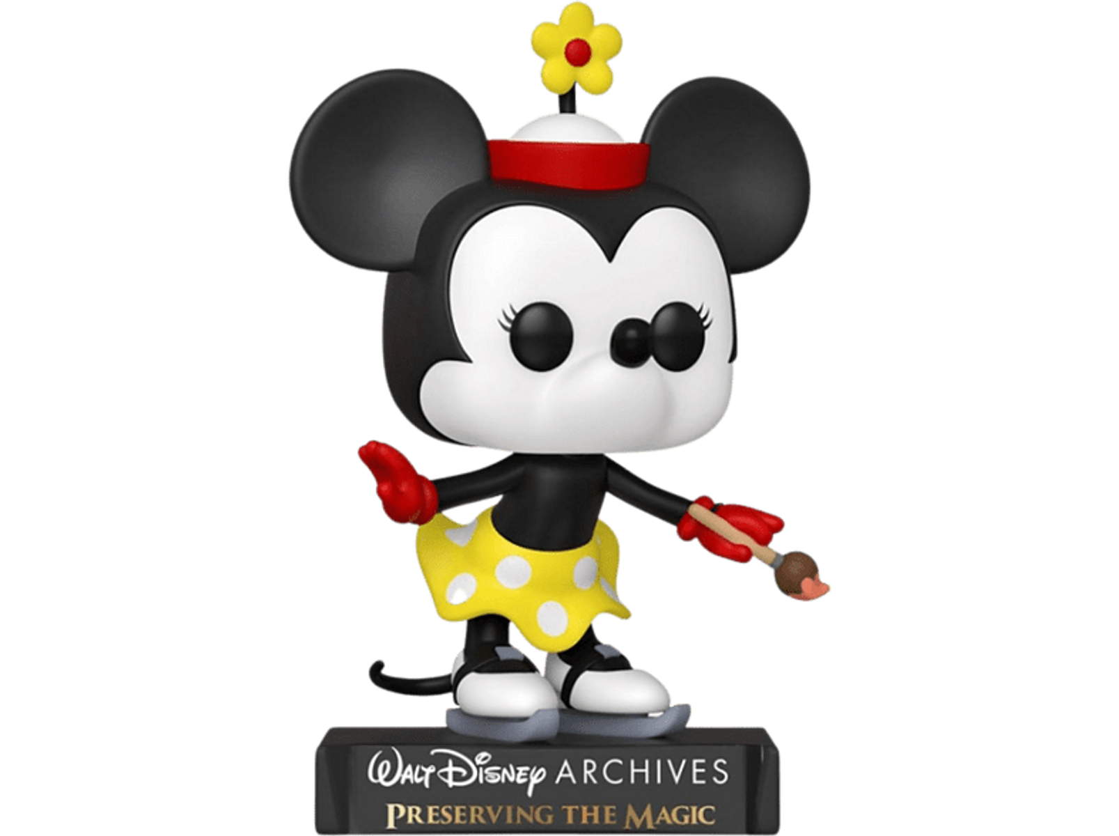 Personaggio Funko Pop di Minnie Mouse, pattinaggio sul ghiaccio, con un pennello, su una base.