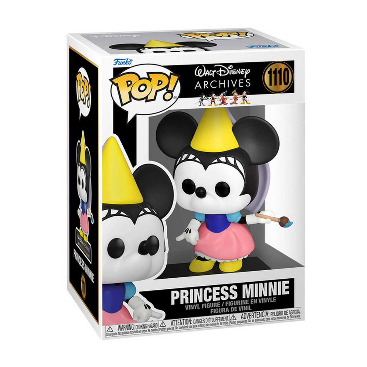 Una figura Funko Pop di Principessa Minnie in una scatola, con cappello giallo e vestito rosa.
