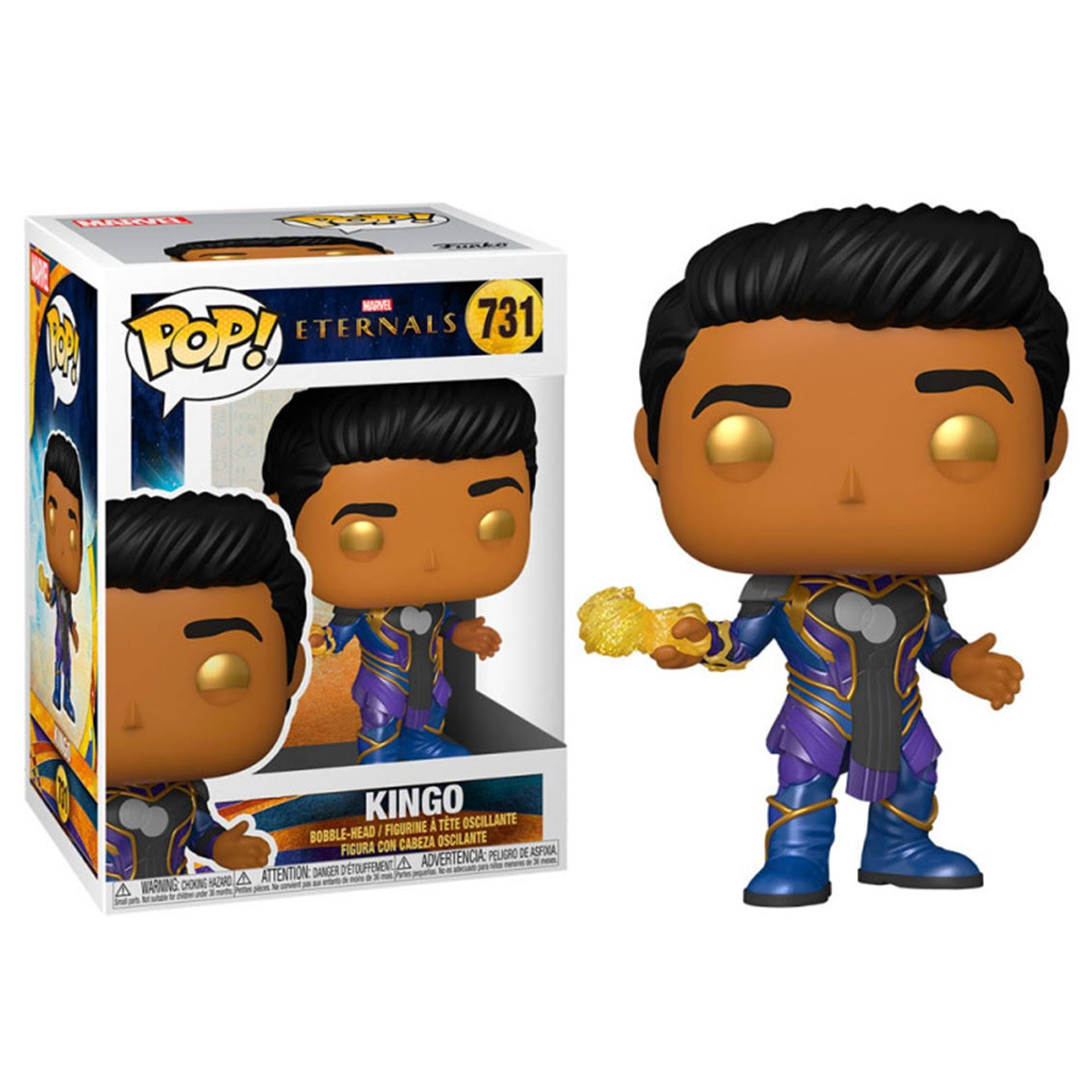 Funko Pop Figur von Kingo aus Eternals, mit goldenem Energieblitz. Box im Hintergrund.