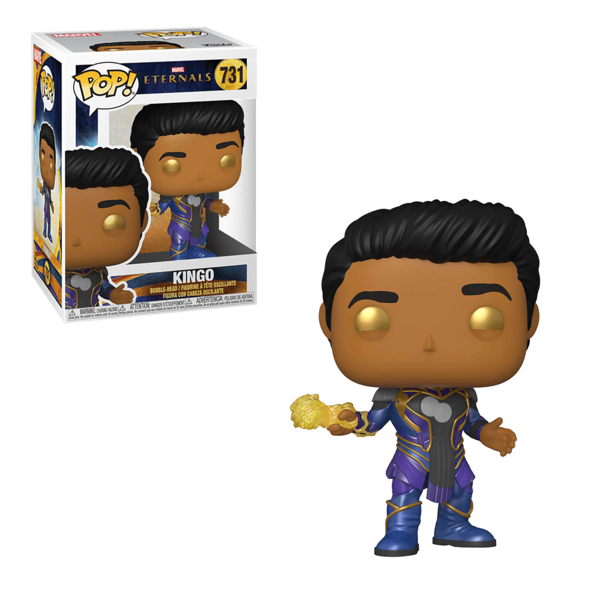 Funko Pop! Figur von Kingo aus Eternals, schwarzes Haar, goldene Augen, in einer Displaybox.