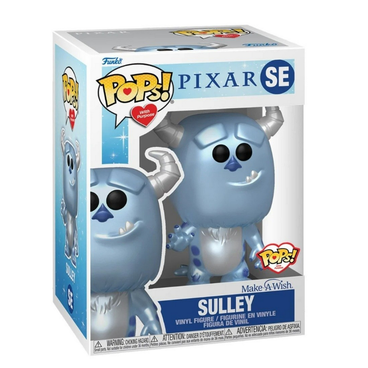 Funko Pop! Pixar Sulley Figur in der Box. Hellblaues Monster mit Hörnern.