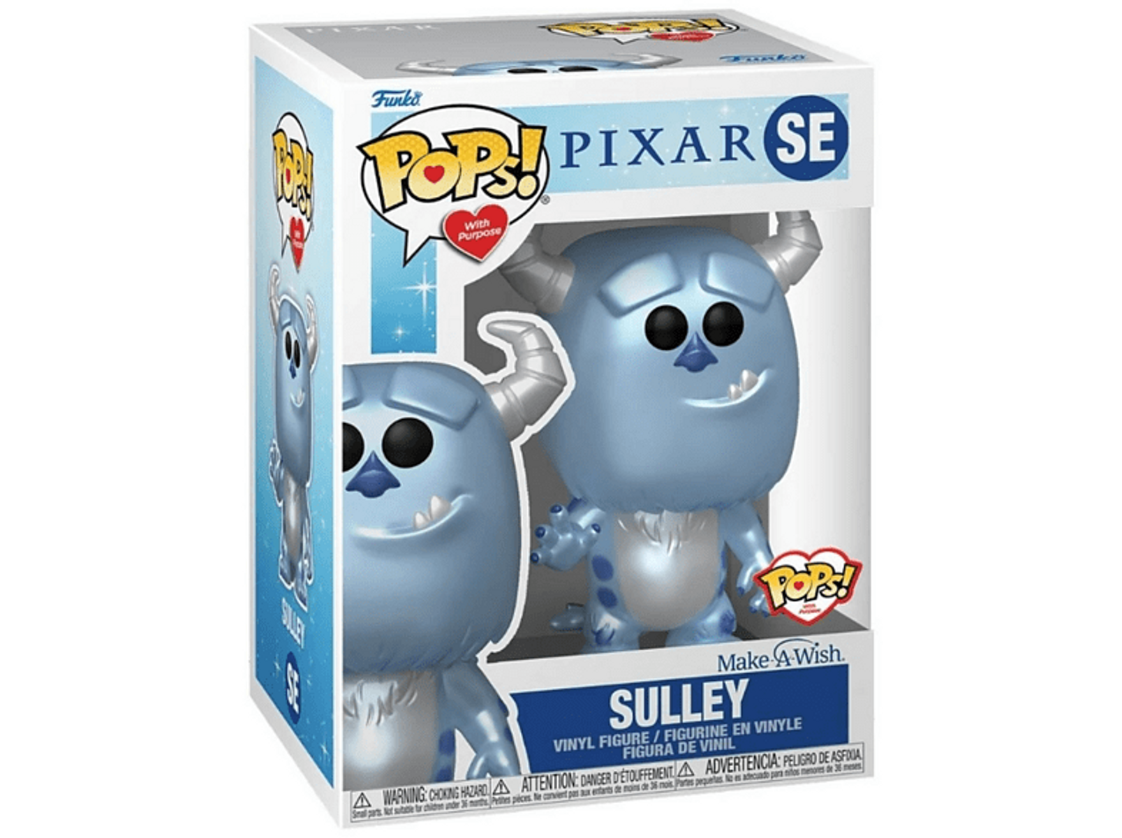 Una figura di Sulley Funko Pop all'interno di una scatola, con la figura di Sulley esposta sul lato.