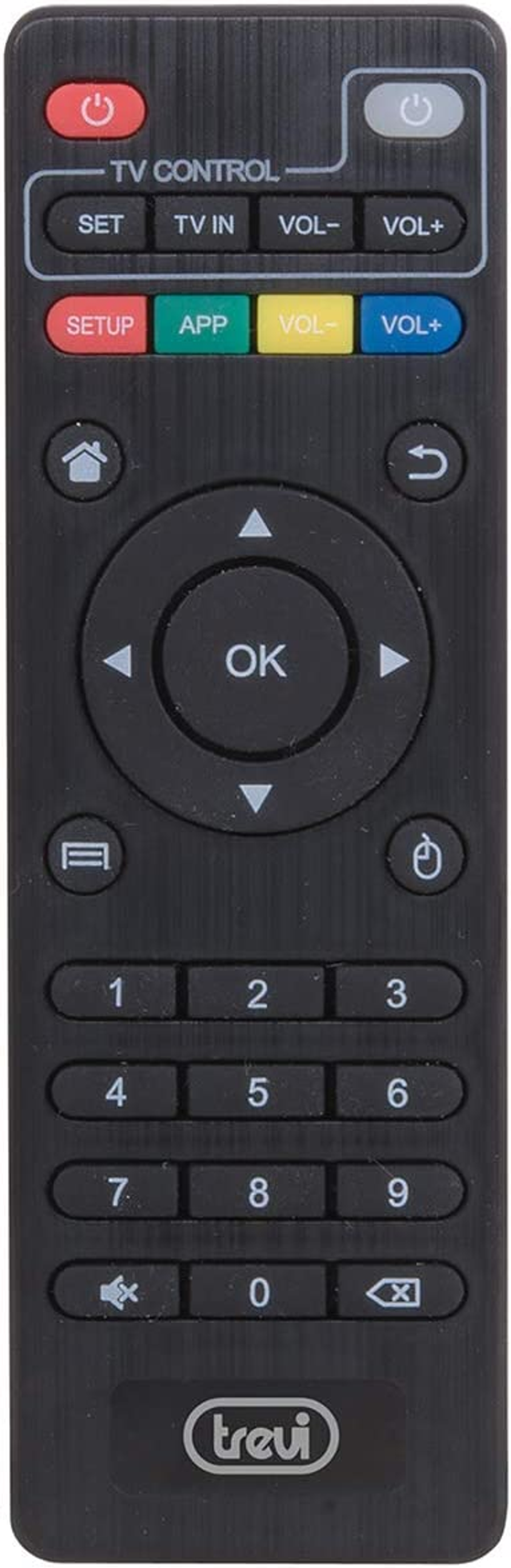 Mando a distancia negro con múltiples botones y texto. Dice TV CONTROL arriba.