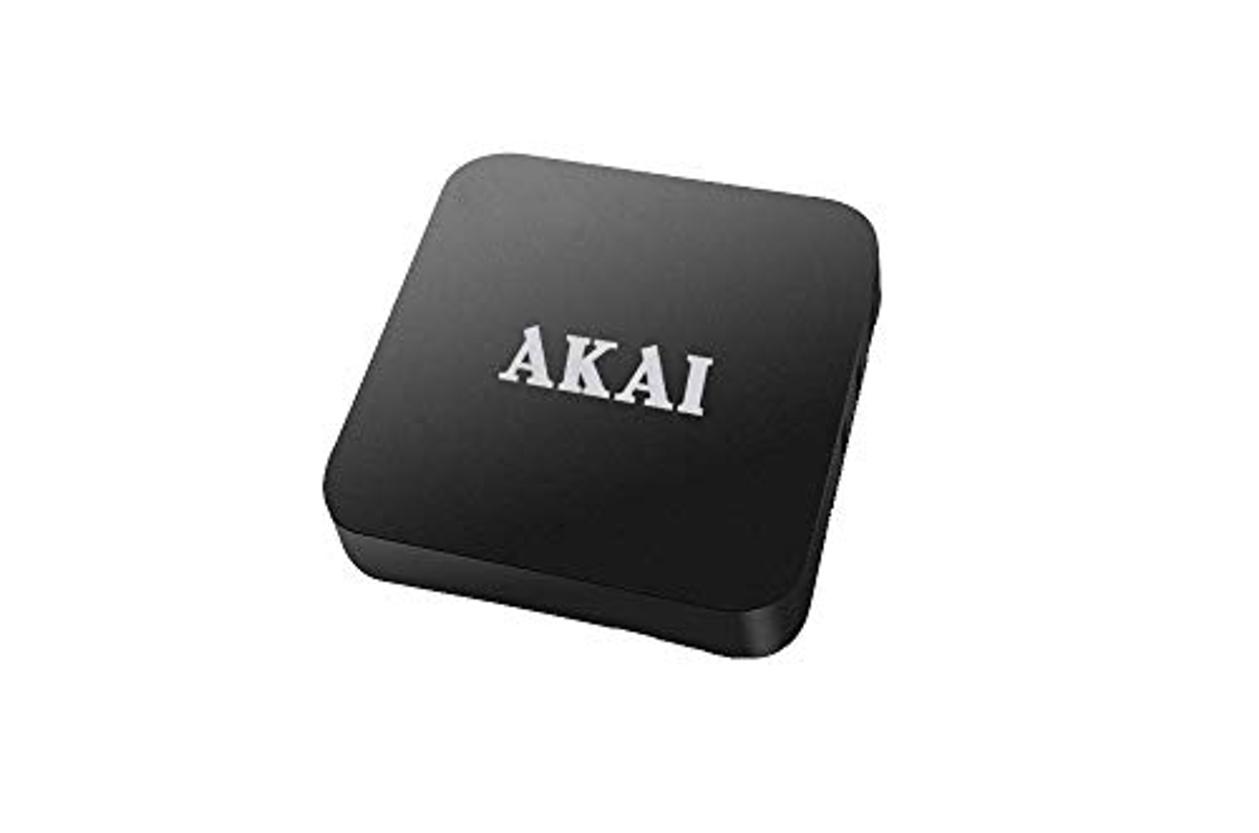 Un dispositivo de audio AKAI negro, de forma cuadrada, con letras AKAI plateadas.