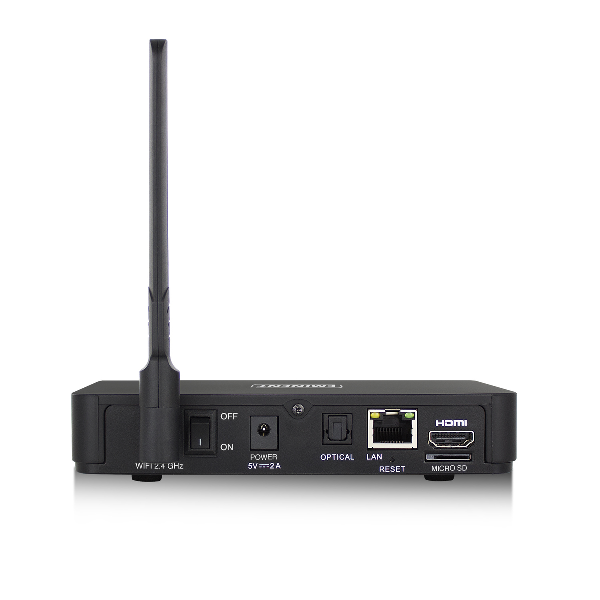 Vista trasera de un decodificador de TV negro con puertos. Incluye puerto de alimentación, LAN, HDMI y Micro SD.