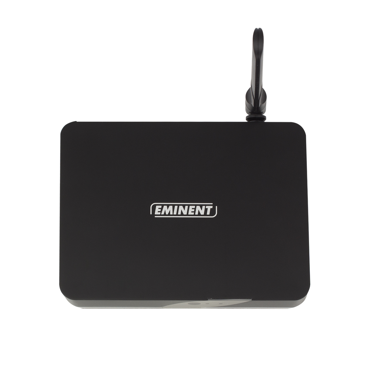 Dispositivo de red negro de la marca Eminent. Una pequeña caja negra con una antena.