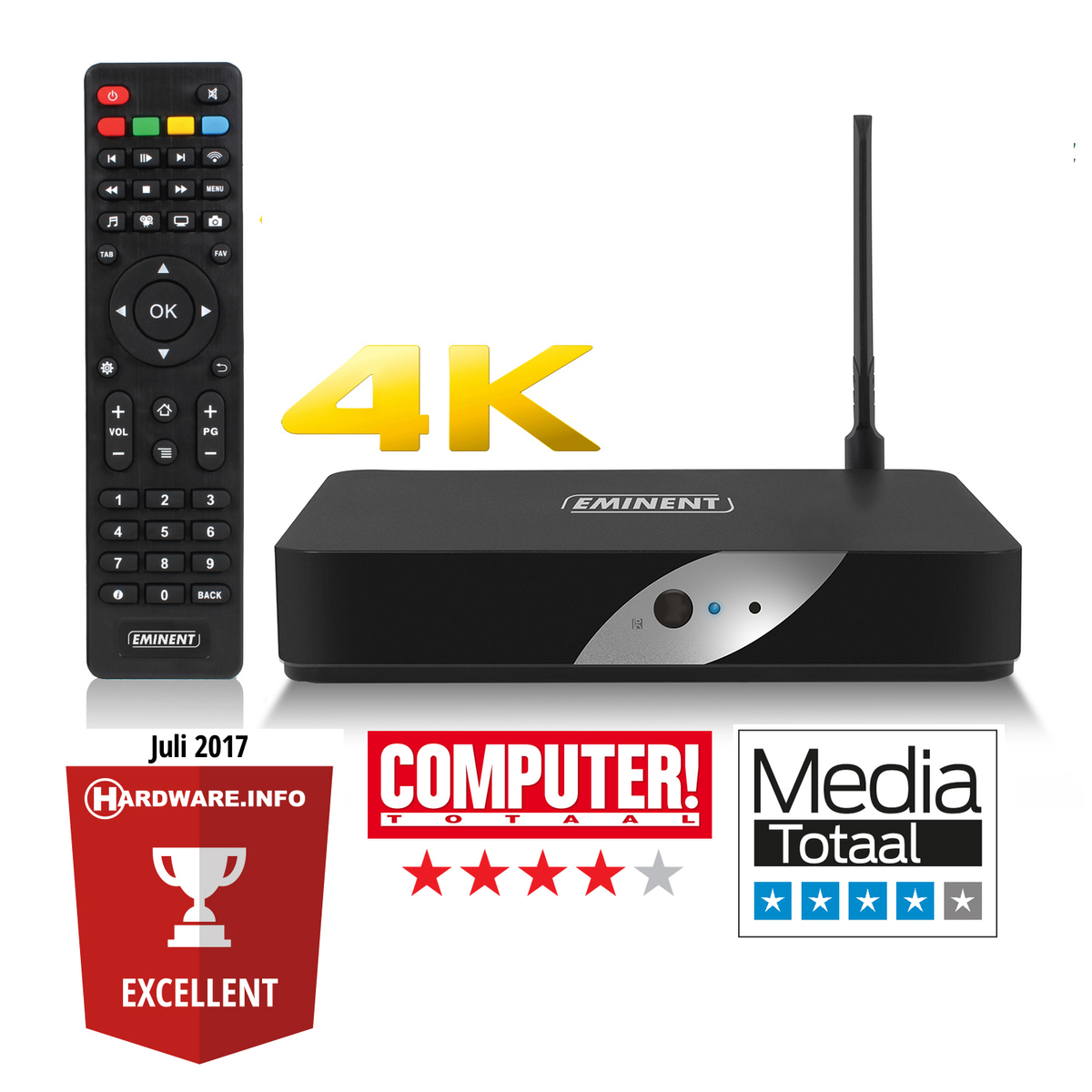 Un decodificador con un mando a distancia, premios y logotipos. El dispositivo tiene etiquetas 4K y Eminent.
