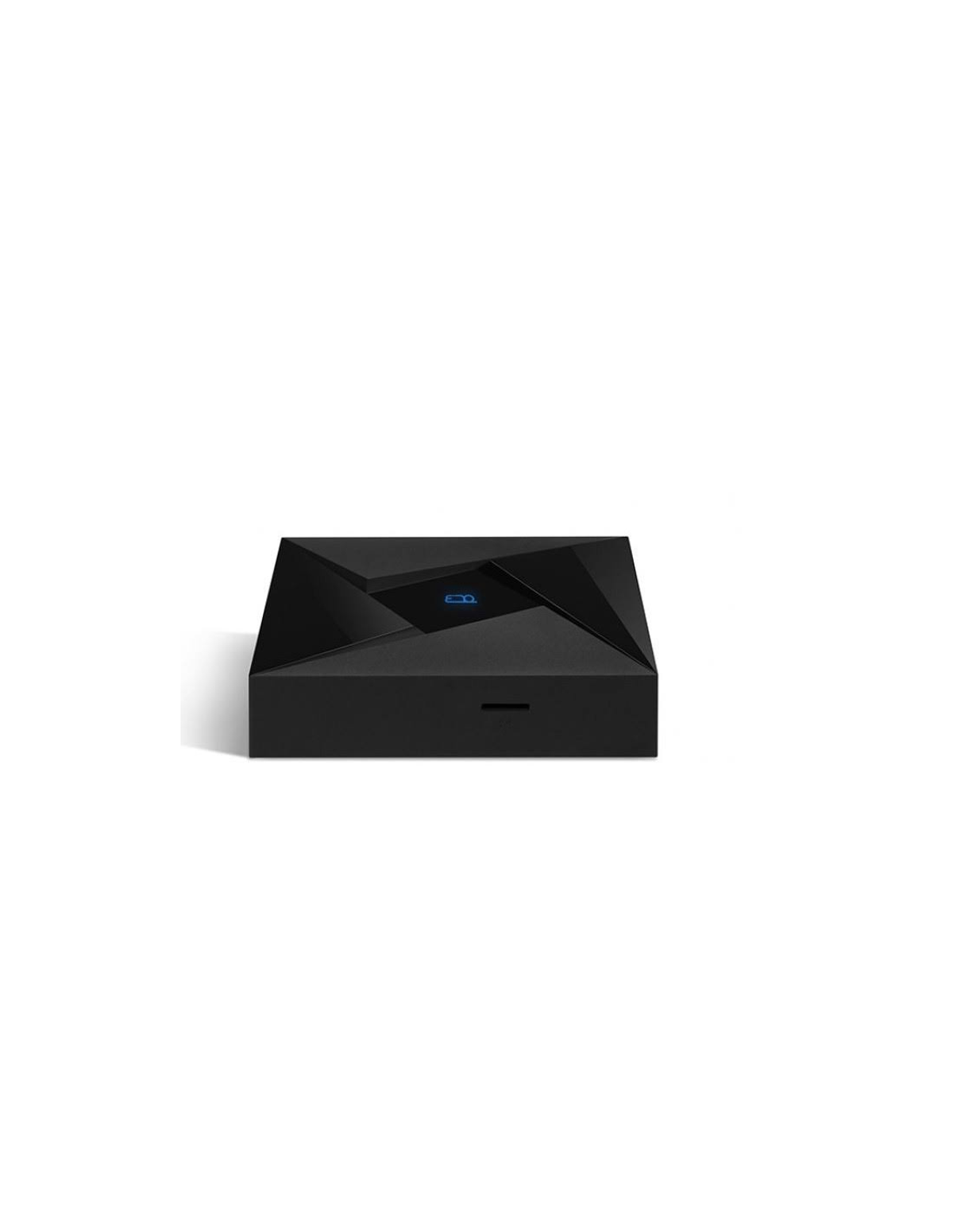 Una caja de TV negra con diseño geométrico. Una luz azul brilla en su superficie.