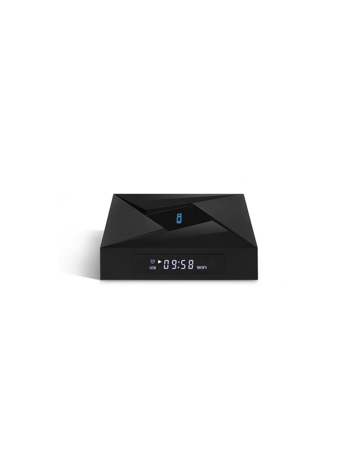 Decodificador negro con pantalla digital que muestra la hora e icono WiFi. Fondo blanco.