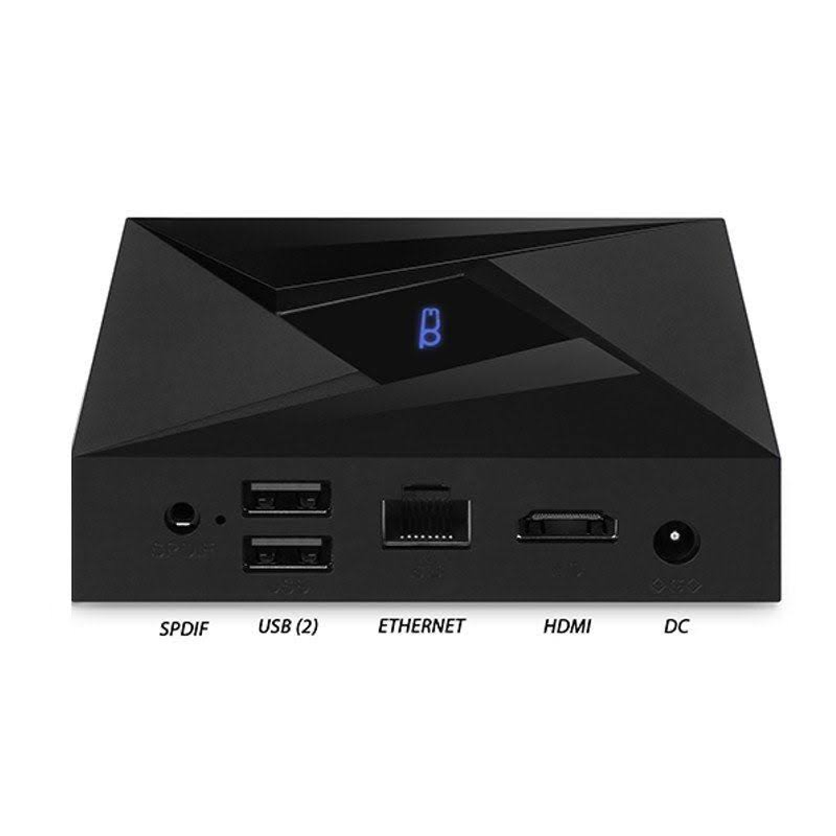 Caja de TV negra con puertos: SPDIF, USB, Ethernet, HDMI y DC. Fondo blanco.