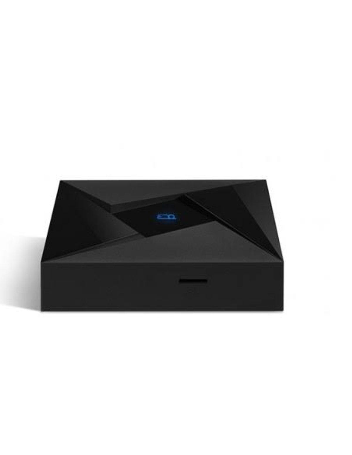 Caja rectangular negra con una luz azul en la parte superior, aislada sobre fondo blanco.