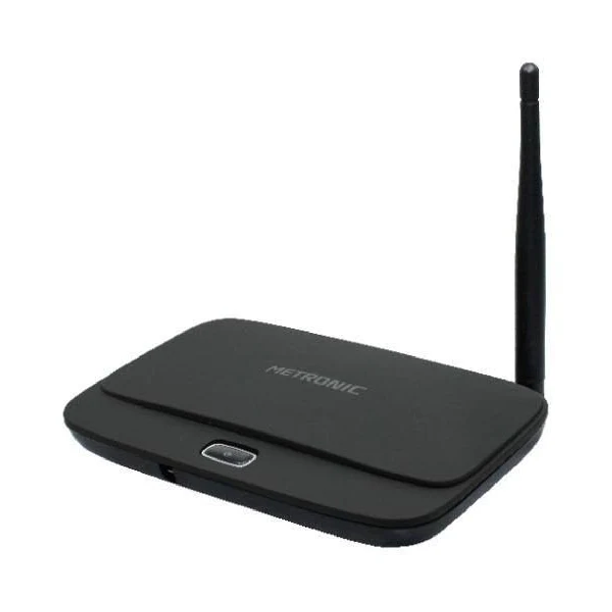 Router Metronic negro con antena, sobre fondo blanco.