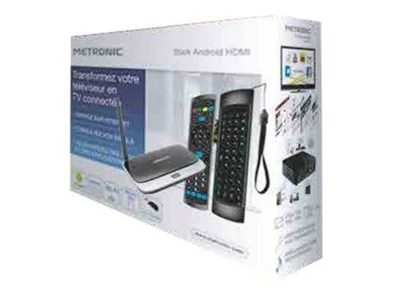 Caja Metronic con reproductor multimedia, mando a distancia y teclado, con TV y fondo blanco.