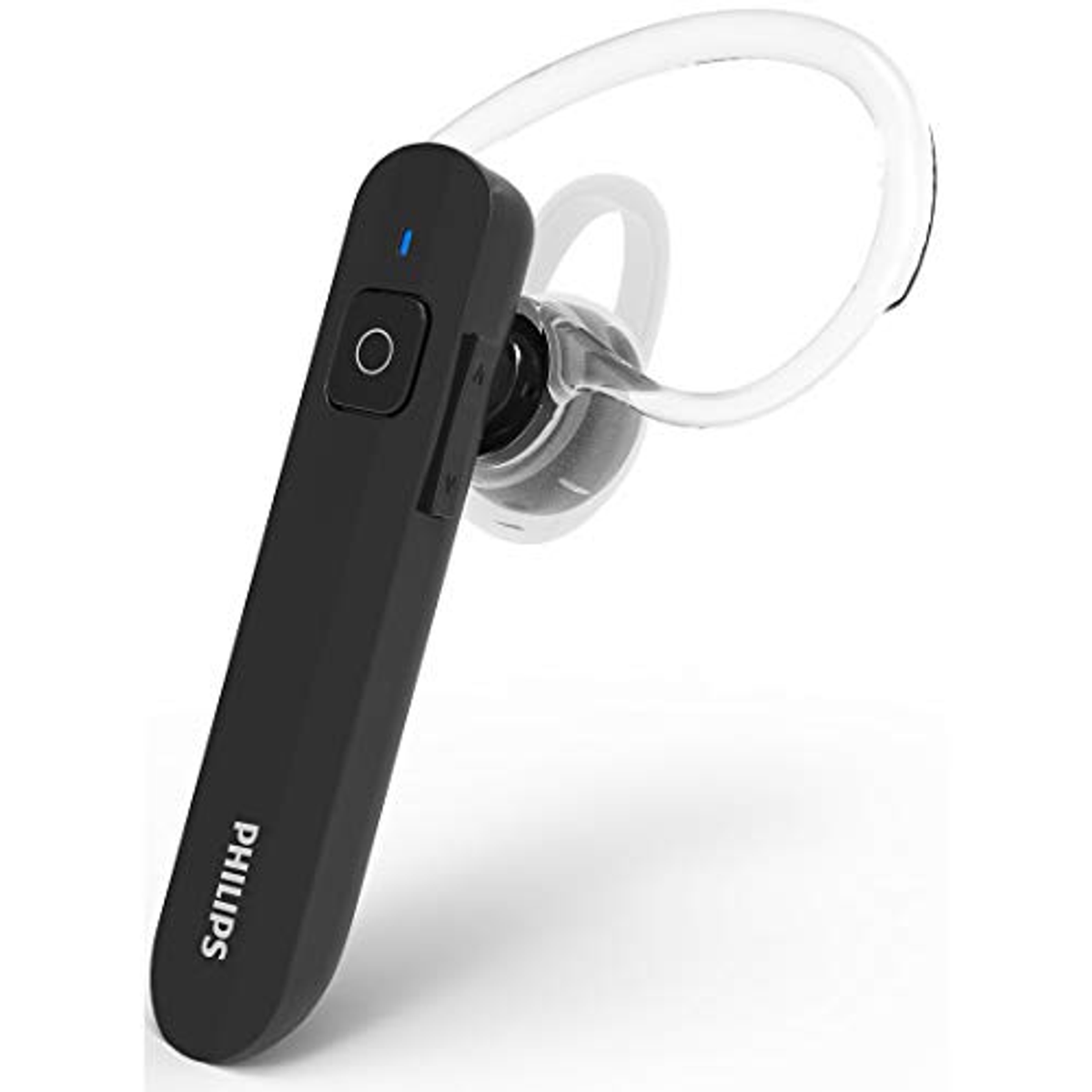 Auricular Bluetooth Philips negro con aro transparente para la oreja.