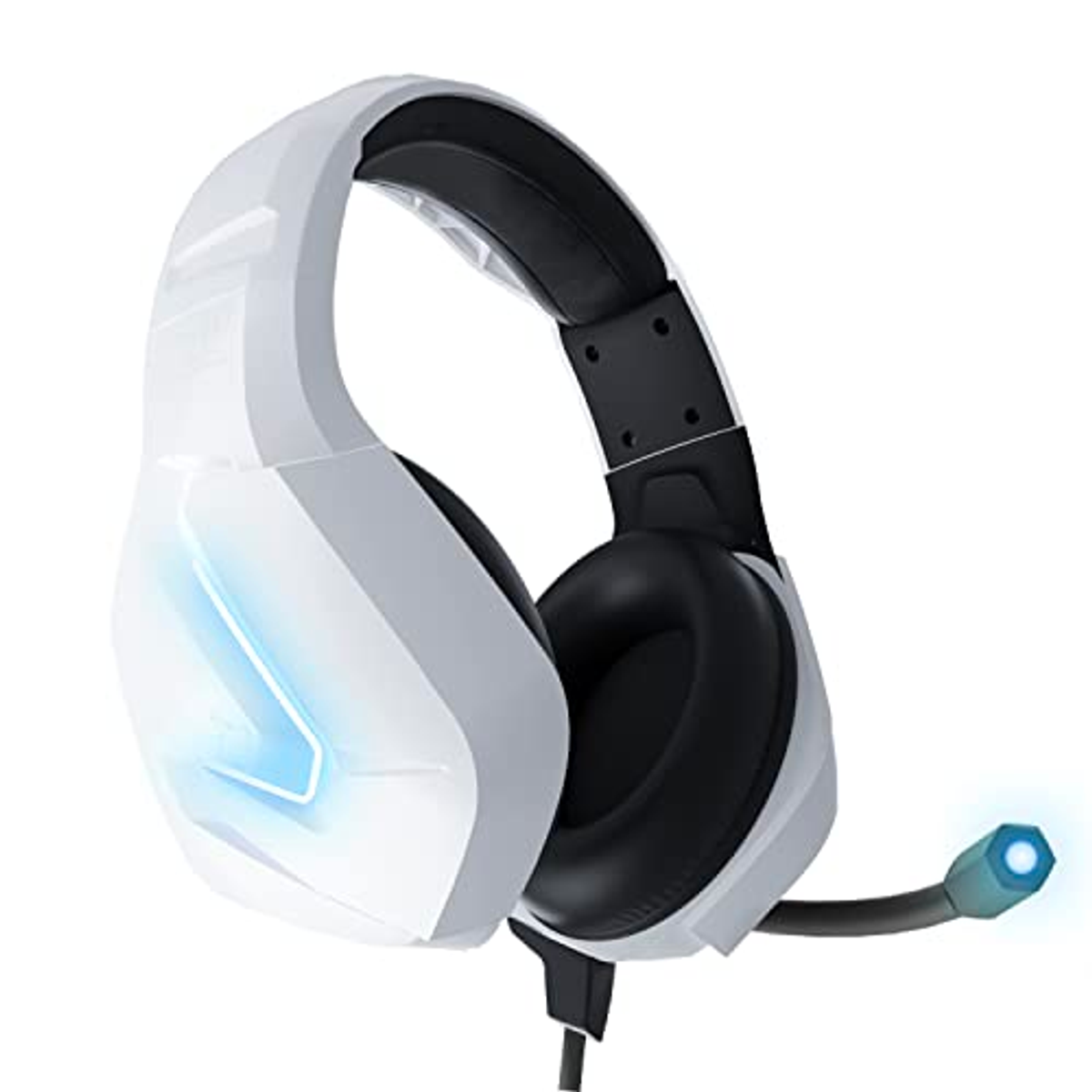 Cuffie da gioco bianche con luci blu. Padiglioni e microfono neri. Isolato su sfondo bianco.