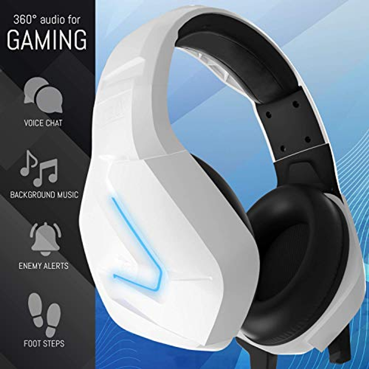 Cuffie da gioco bianche con dettagli blu. Testo: Audio a 360° per il gaming. Icone delle funzioni.