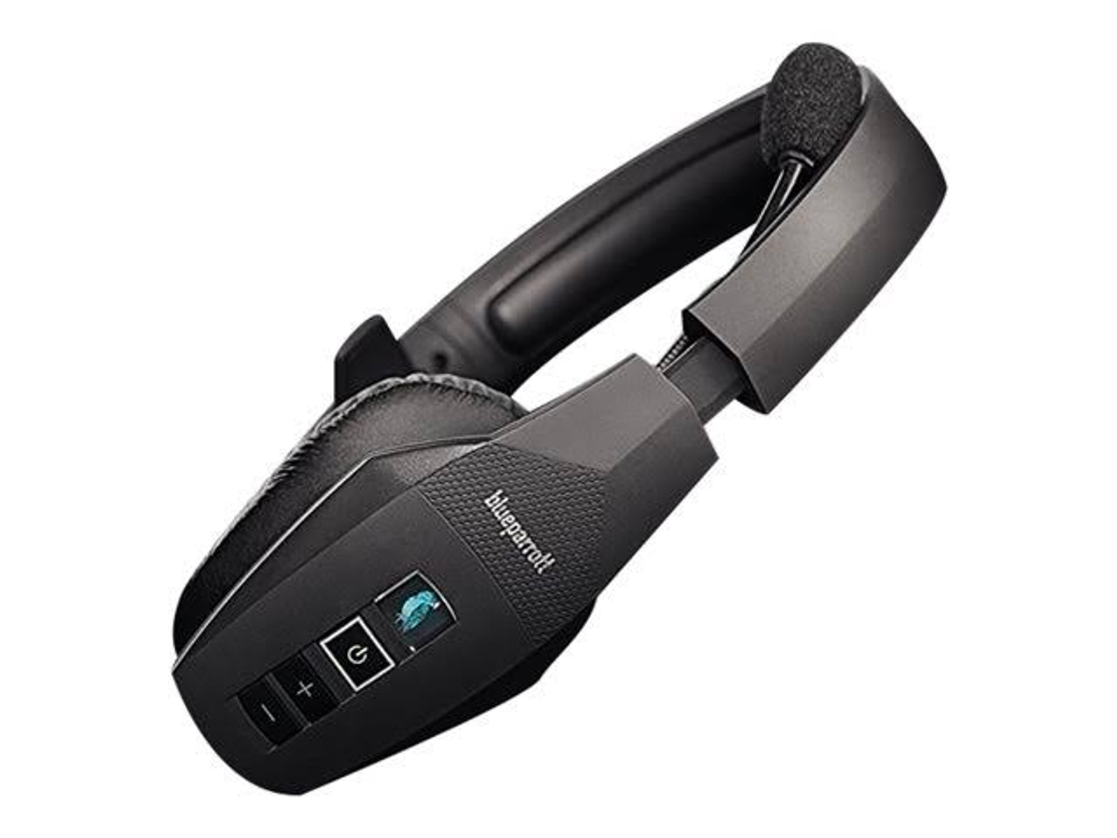 Czarny zestaw słuchawkowy Bluetooth z mikrofonem. Widoczna jest nazwa marki blueparrot.