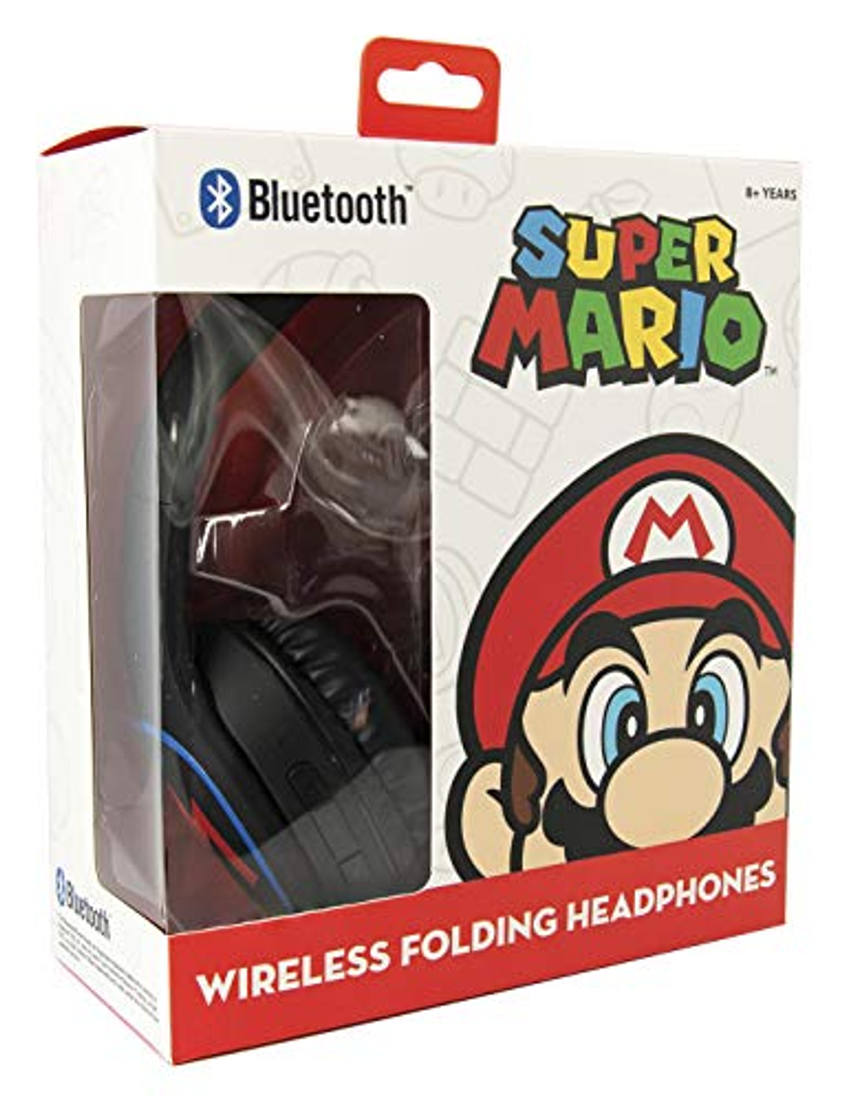 Super Mario kabellose, faltbare Kopfhörer in einer Box, mit Marios Gesicht darauf.