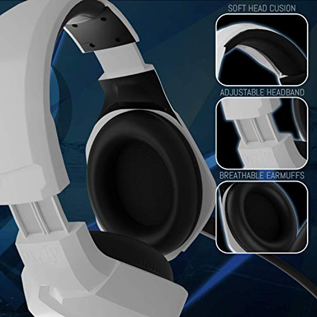 Cuffie bianche e nere, primi piani mostrano i padiglioni auricolari e la fascia regolabile.