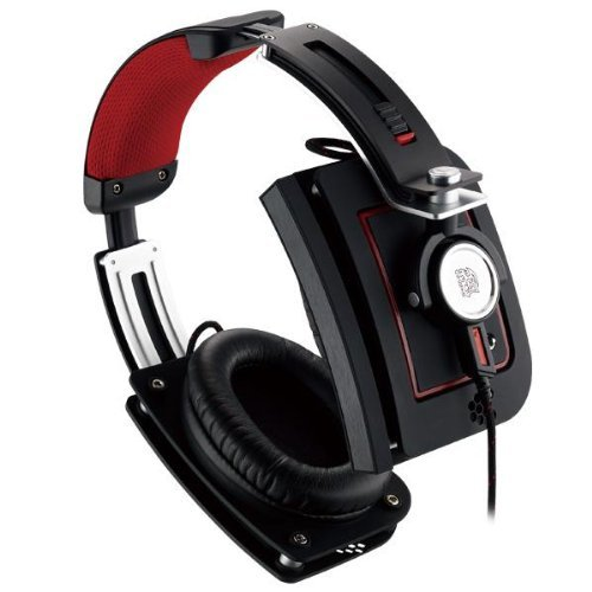 Cuffie: rosse e nere, design over-ear, dettagli metallici, angolato, sfondo bianco.