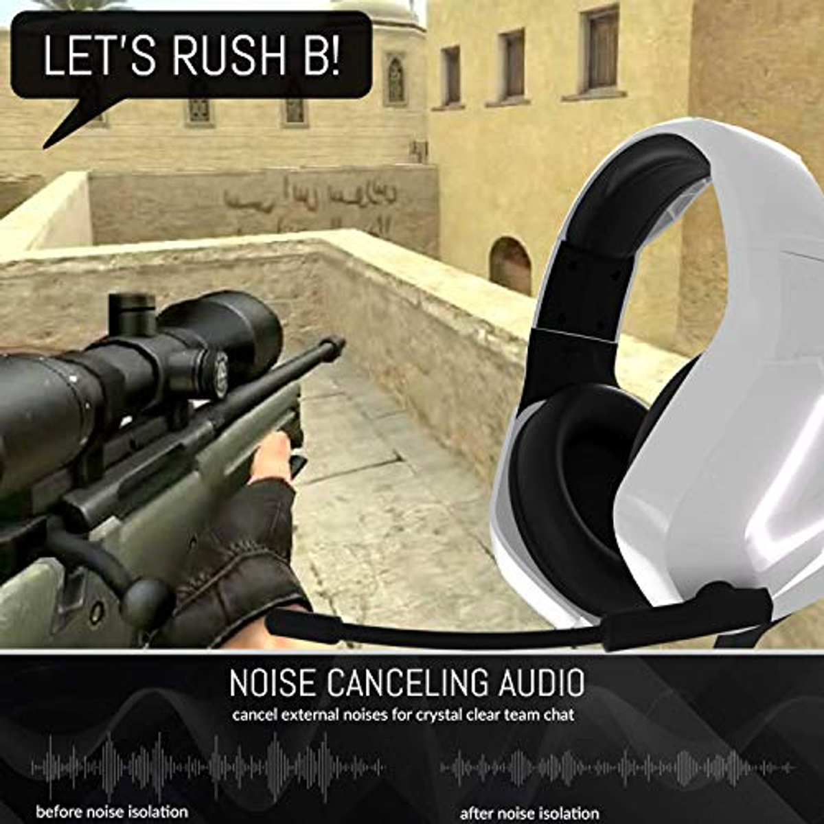 Una scena di gioco con cuffie e un fucile di precisione. Il testo recita: "LET'S RUSH B!" e "Noise Canceling Audio."