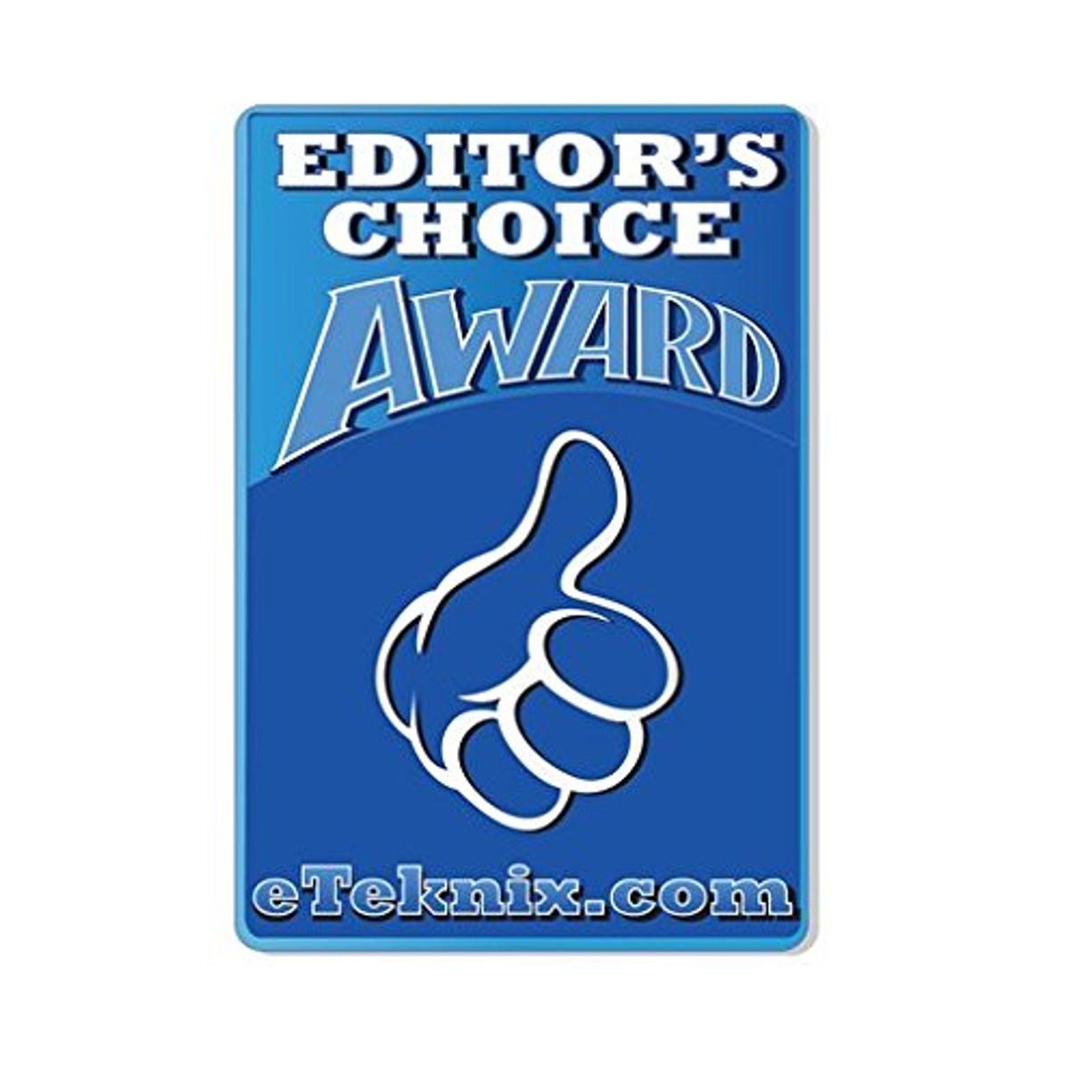 Un premio blu Editor's Choice con un'icona del pollice in su e l'indirizzo del sito Web eTeknix.com.