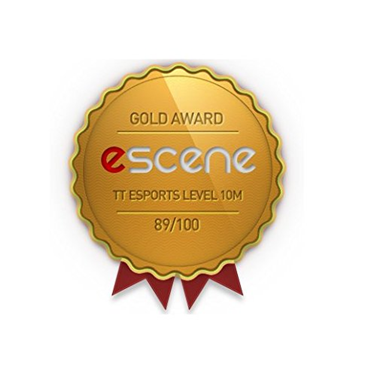Premio d'oro con nastro rosso. Testo: 'GOLD AWARD, eScene, TT eSports LEVEL 10M, 89/100'.