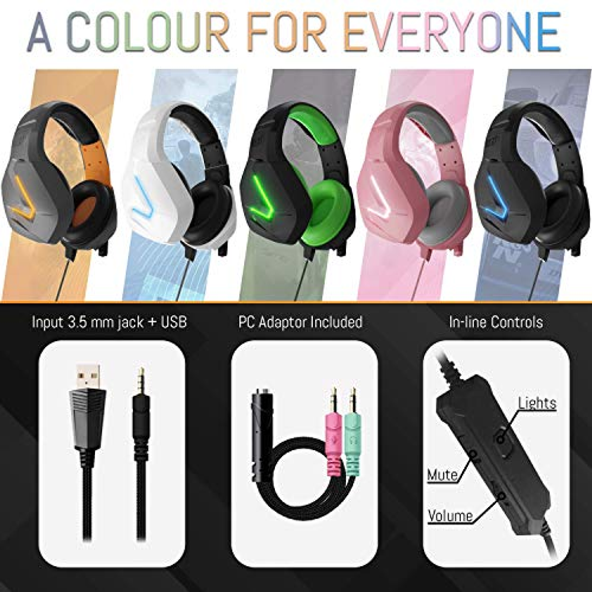 Cuffie in più colori con jack, adattatore PC e controlli in linea.