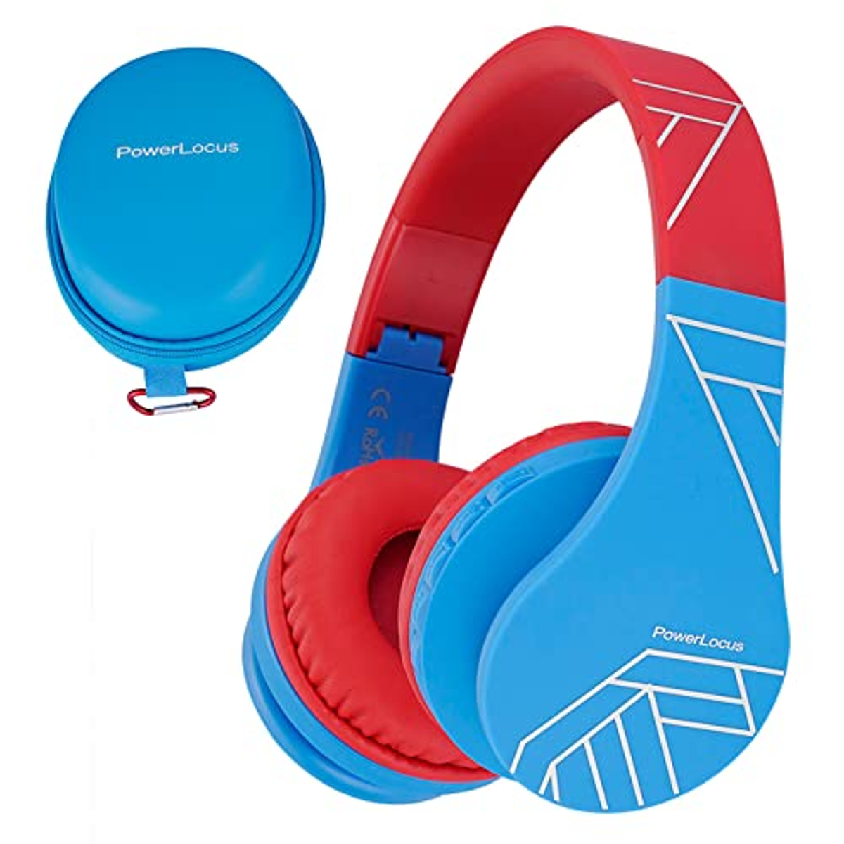 Cuffie blu e rosse con custodia blu. Dettagli di design bianchi, cuscinetti rossi.