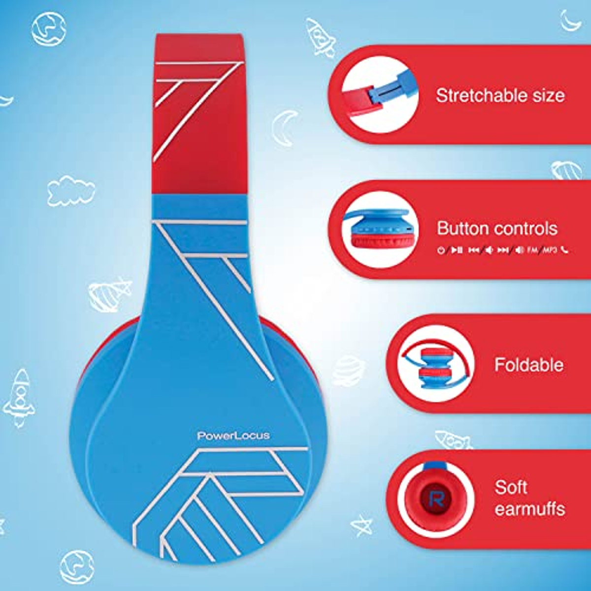 Cuffie blu e rosse con caratteristiche etichettate: dimensioni estensibili, controlli tramite pulsanti, pieghevoli e paraorecchie morbide.