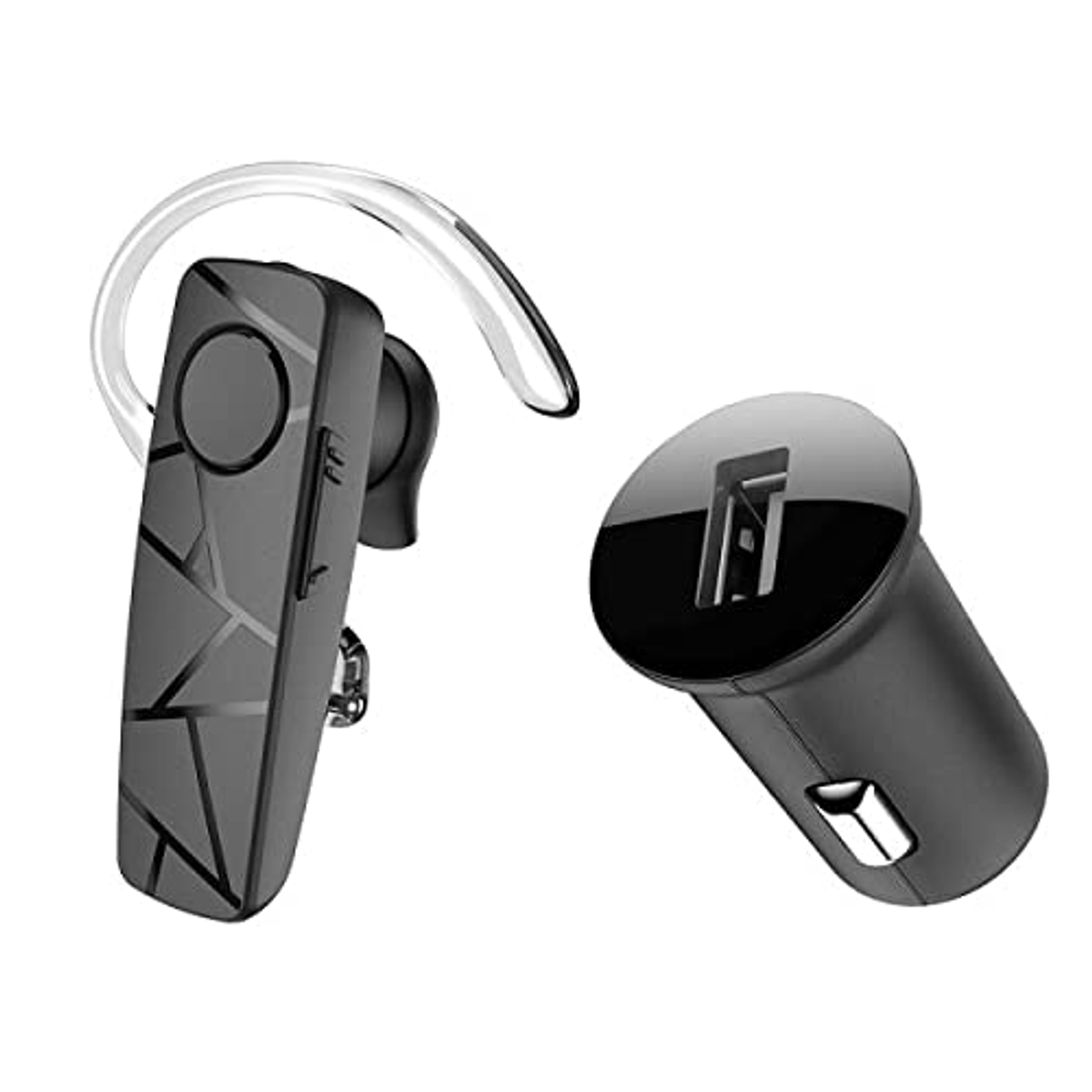 Schwarzes Bluetooth-Headset und Autoladegerät. Beide haben ein schlankes Design.
