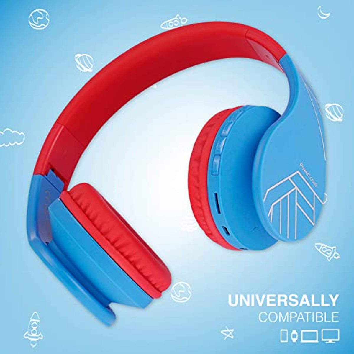 Cuffie blu e rosse su sfondo blu con grafica bianca e la scritta 'universalmente compatibile'.