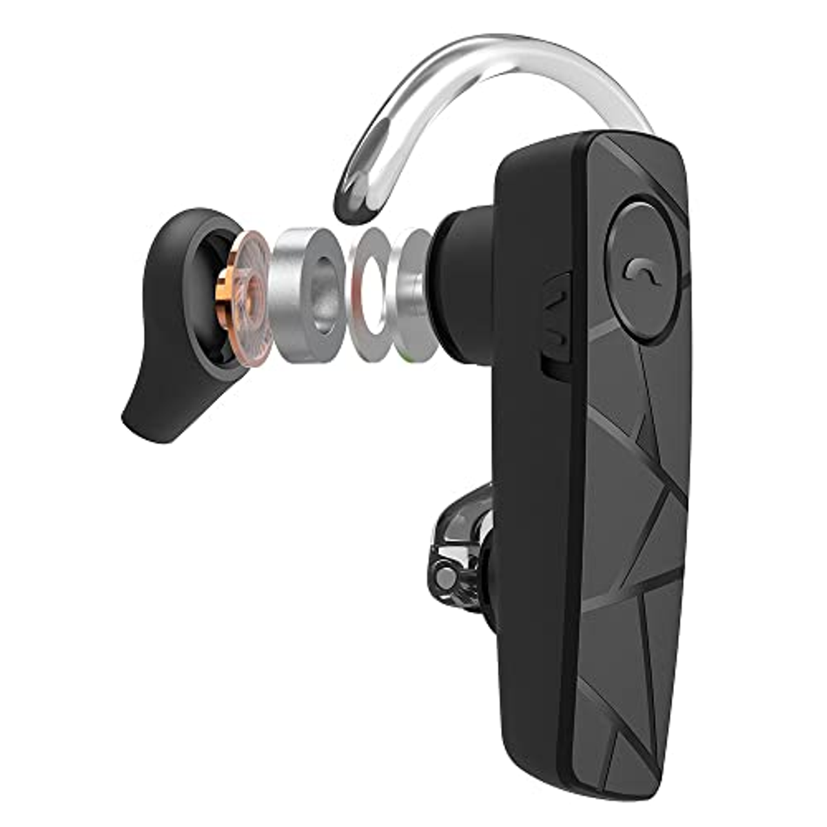 Schwarzes Bluetooth-Headset mit zerlegten Komponenten, die Teile zeigend, auf Weiß.