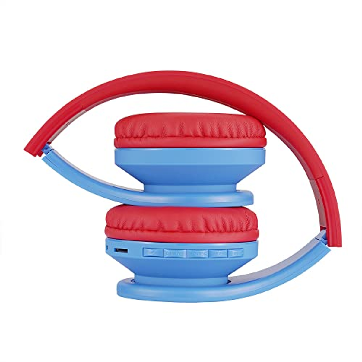 Cuffie piegate, rosse e blu. I padiglioni sono rossi e l'archetto è blu.
