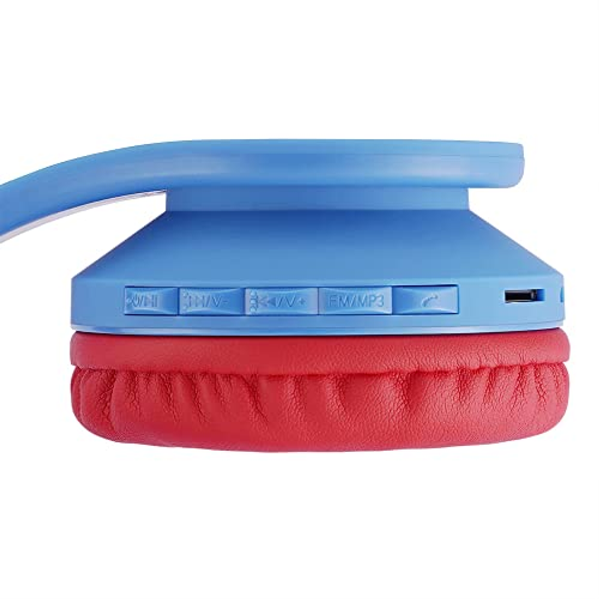 Cuffie blu e rosse. Hanno pulsanti e una porta USB.