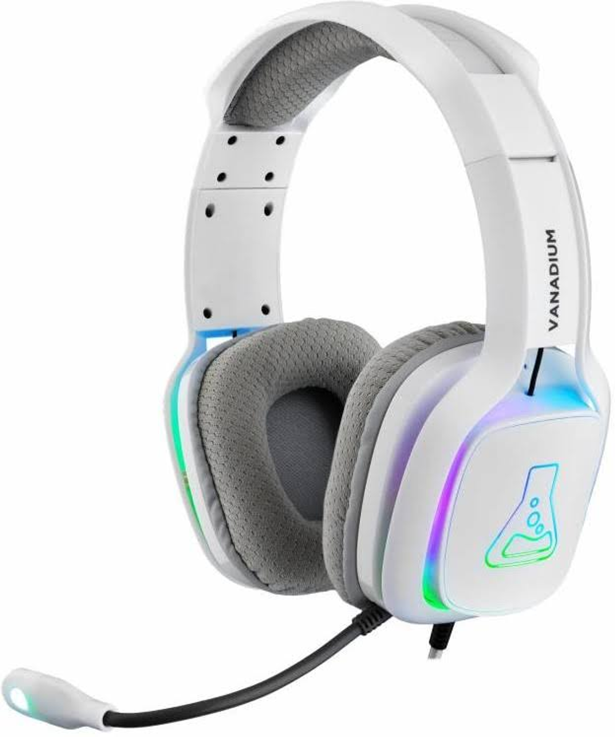 Auriculares gaming blancos con almohadillas grises y micrófono. Tiene efectos de luz azul y verde.
