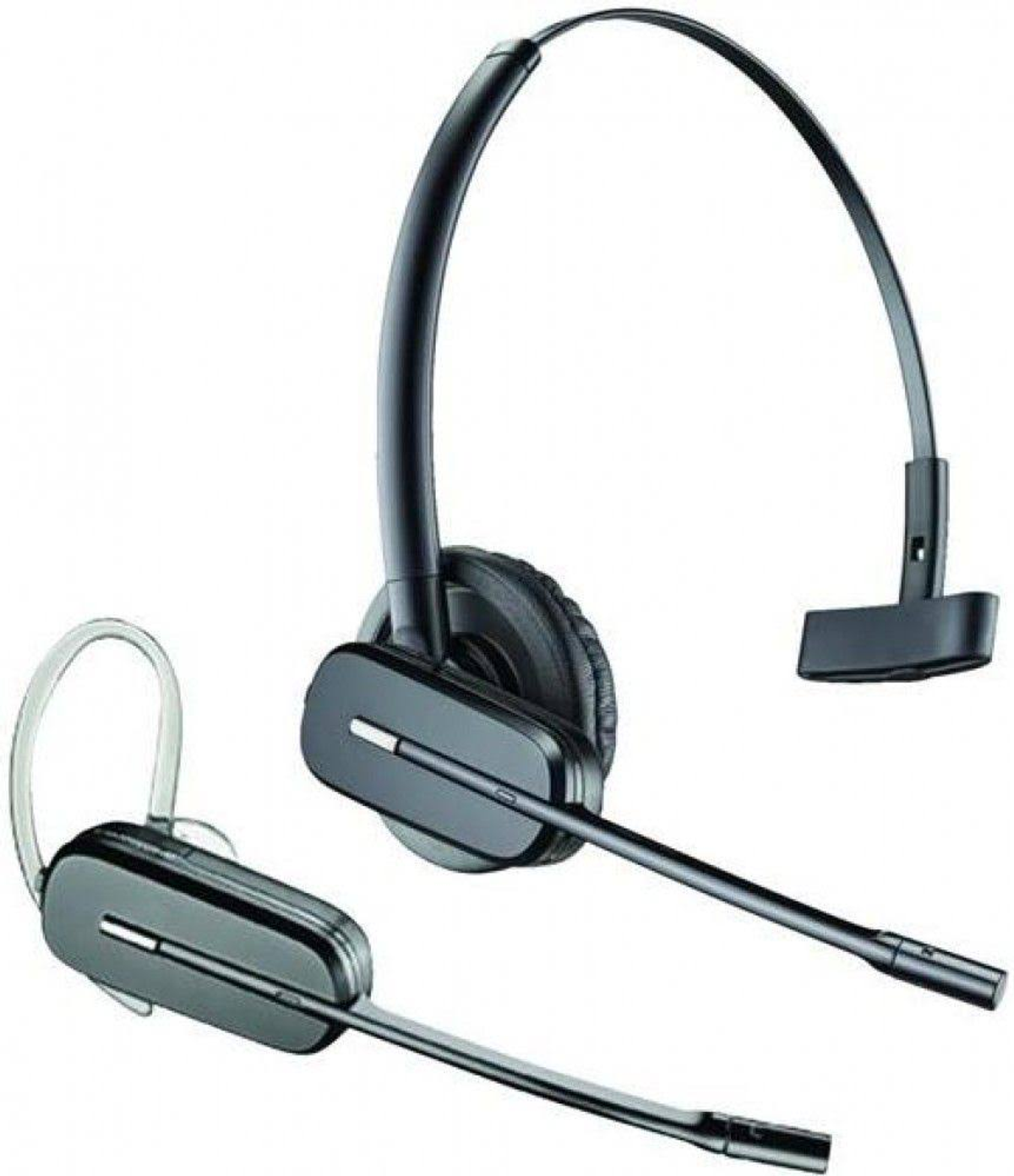Due cuffie wireless nere, una over-ear e una in-ear, su sfondo bianco.