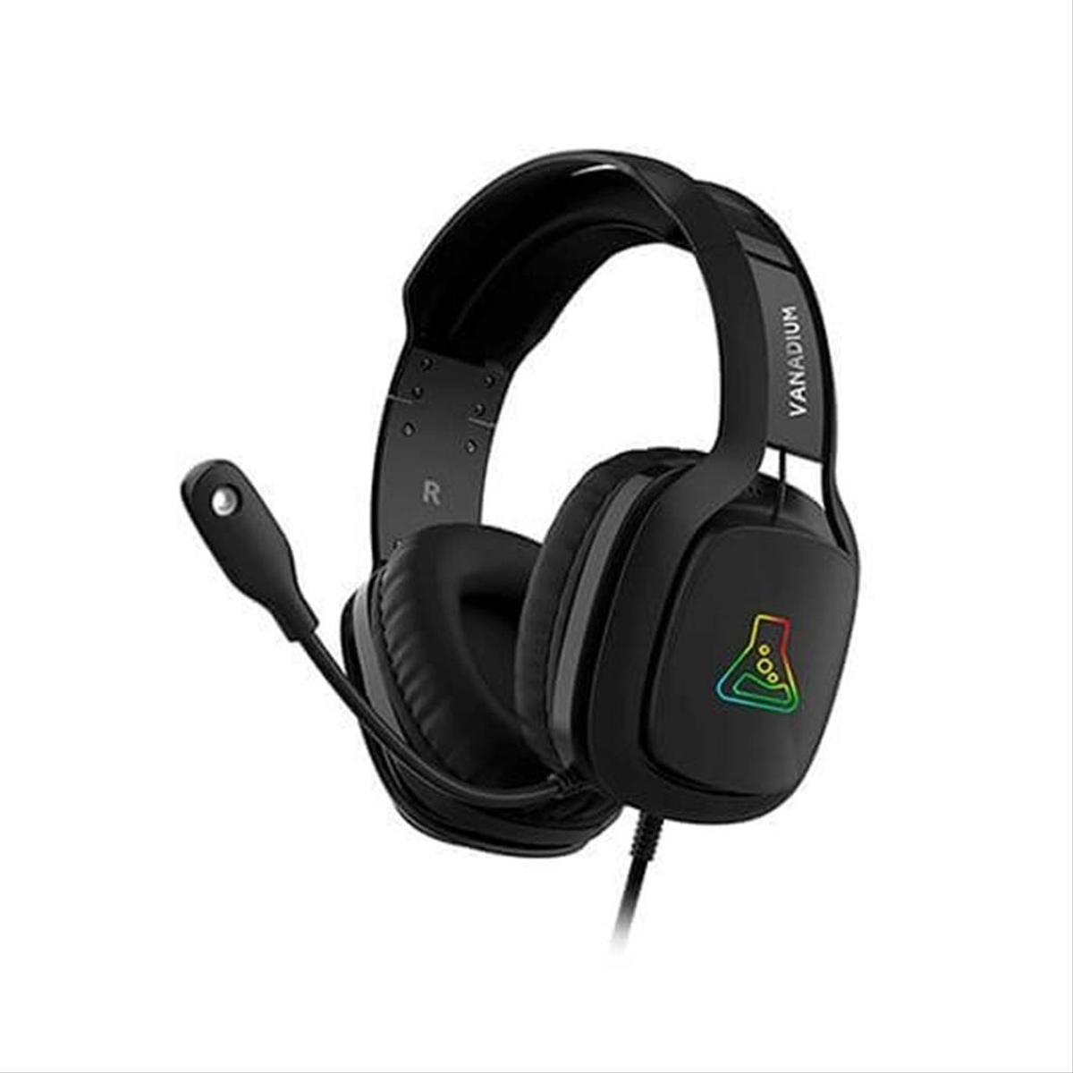 Auriculares gaming negros con micrófono adjunto. El logo tiene un matraz químico colorido.
