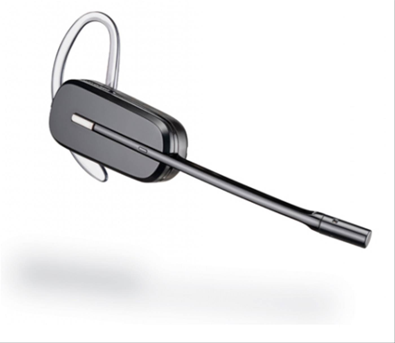 Un auricolare nero e argento con microfono. È posizionato su uno sfondo bianco.