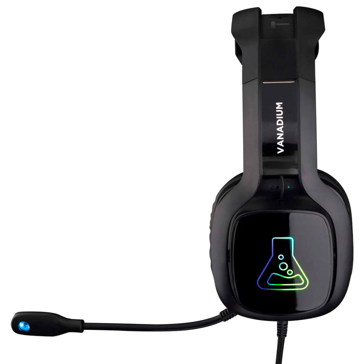 Auriculares gaming negros con luces de colores. Tiene un micrófono. Fondo blanco.