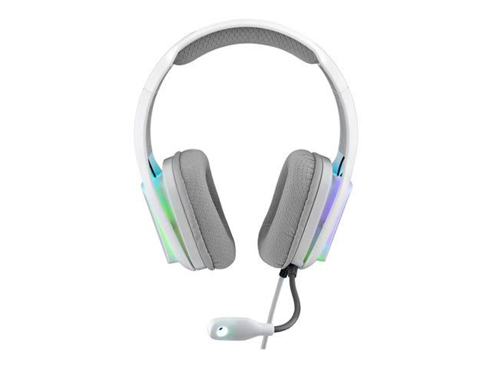 Auriculares blancos con luces RGB y micrófono. El fondo es blanco.
