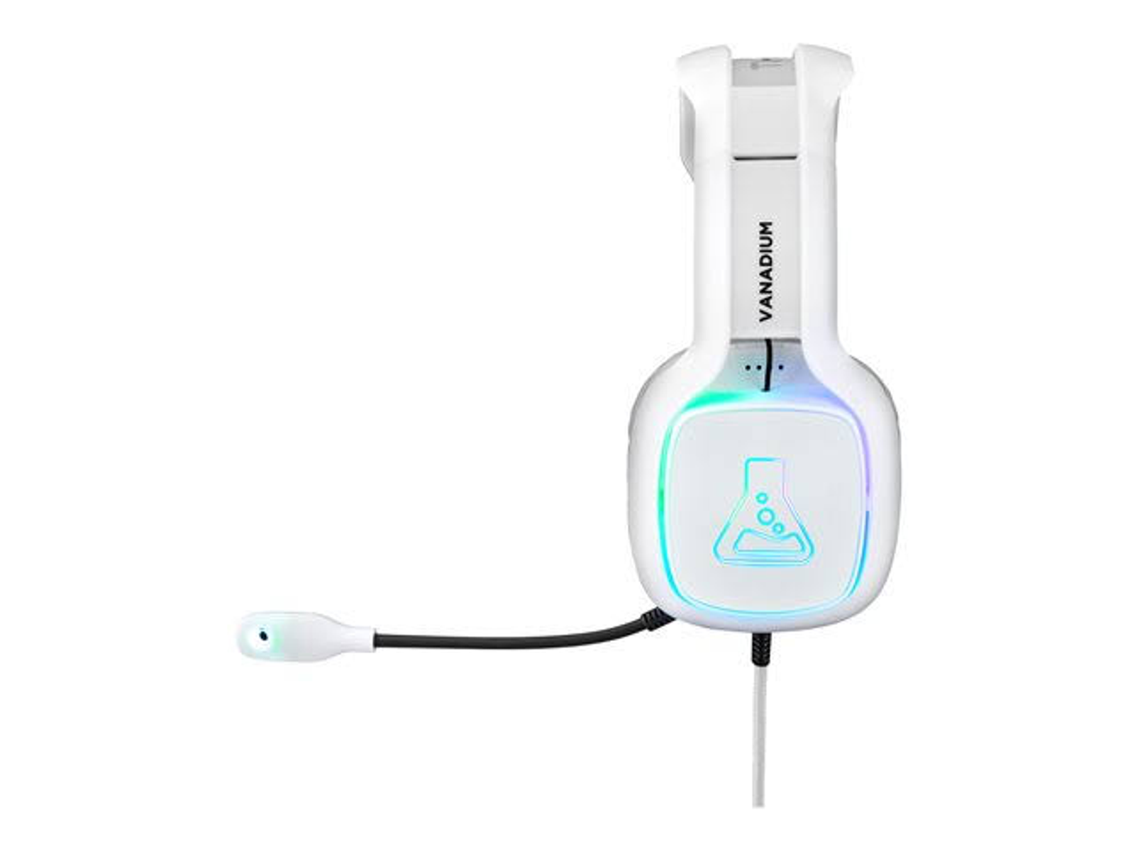 Auriculares gaming blancos con micrófono. Logotipo iluminado en la orejera.